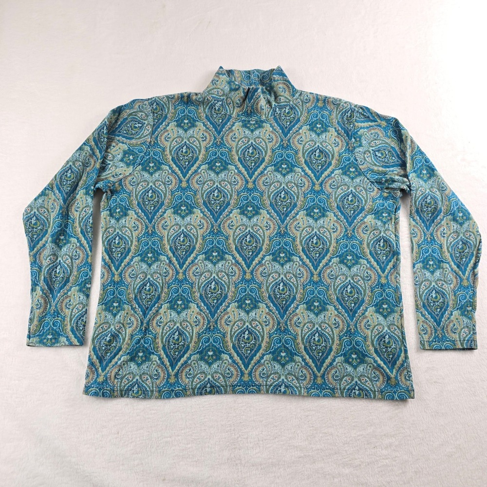Bobbie Brooks Womens Blue Green Paisley Mock Neck Long Sleeve Knit Top XL